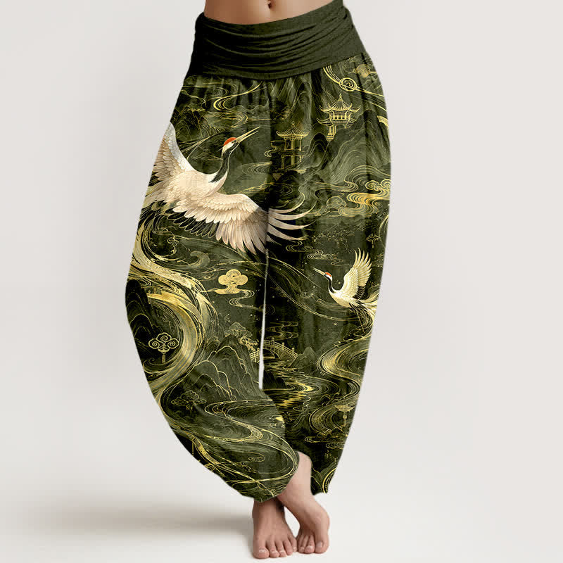 Buddha Stones Baumwoll-Haremshose mit fliegendem Kranich-Wellenmuster und elastischem Bund für Damen - Dunkelolivgrün - US16, UK/AU20, EU48 (3XL) - image 8