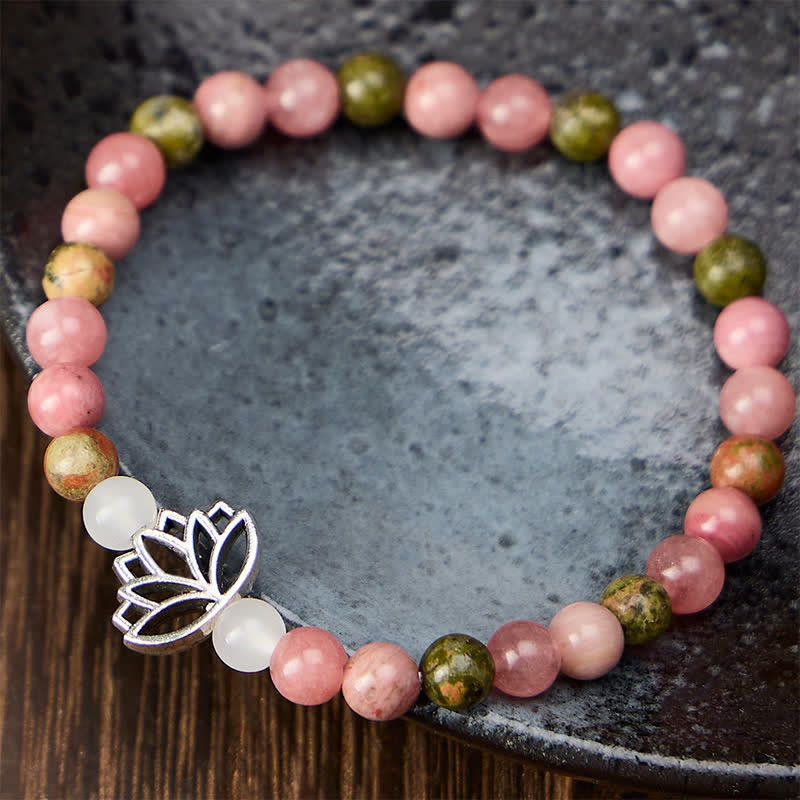Buddha Stones Rhodonit-Unakit-Weißjade-Lotus-Liebes- und Erleuchtungsarmband - image 1