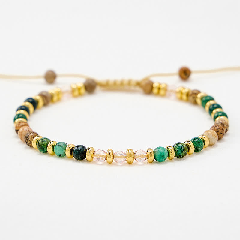 Buddha Stones 4 mm afrikanischer Türkis, Jaspis, rosa Glasperle, handgewebtes Armband - image 4