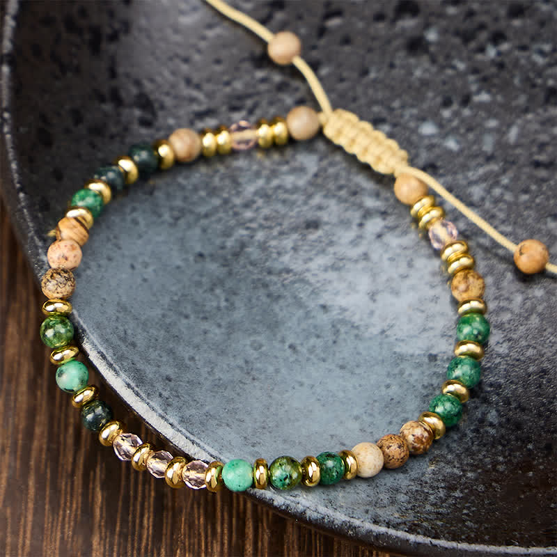 Buddha Stones 4 mm afrikanischer Türkis, Jaspis, rosa Glasperle, handgewebtes Armband - image 1