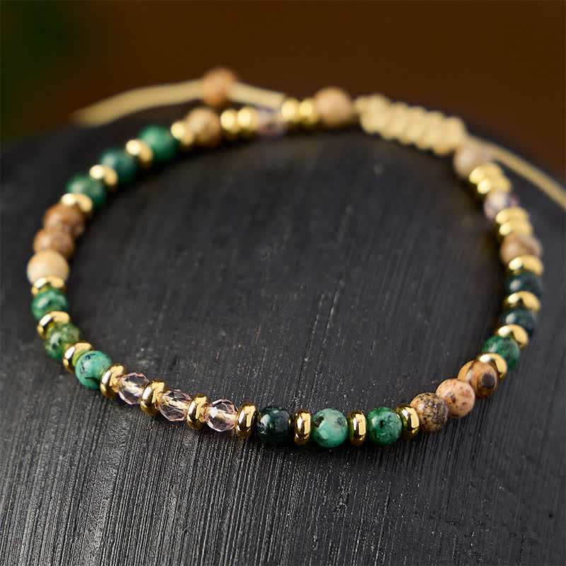 Buddha Stones 4 mm afrikanischer Türkis, Jaspis, rosa Glasperle, handgewebtes Armband - image 2