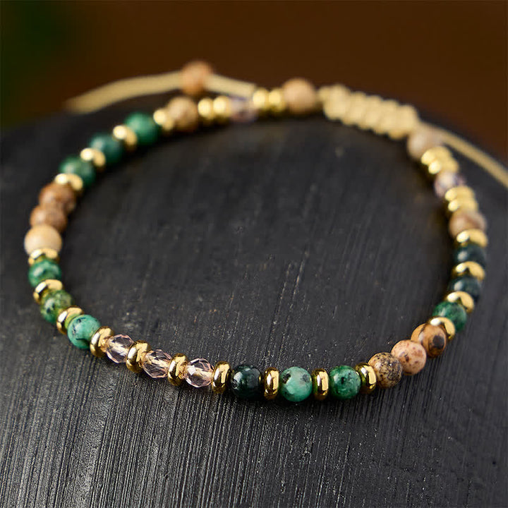 Buddha Stones 4 mm afrikanischer Türkis, Jaspis, rosa Glasperle, handgewebtes Armband - image 2