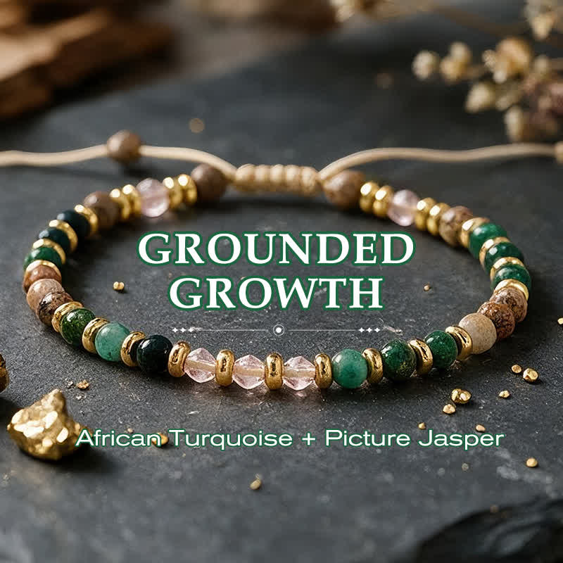 Buddha Stones 4 mm afrikanischer Türkis, Jaspis, rosa Glasperle, handgewebtes Armband - Afrikanischer Türkis-Bilderjaspis (Handgelenkumfang: 16–26 cm) - image 0