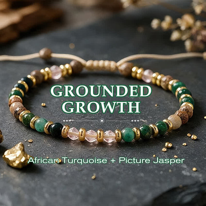 Buddha Stones 4 mm afrikanischer Türkis, Jaspis, rosa Glasperle, handgewebtes Armband - Afrikanischer Türkis-Bilderjaspis (Handgelenkumfang: 16–26 cm) - image 0