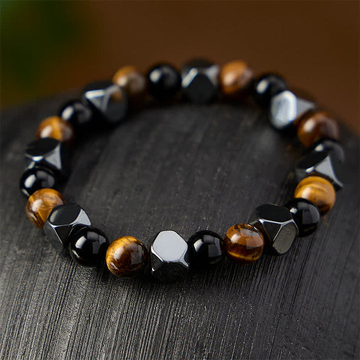 Buddha Stones Facettiertes Schutzarmband aus schwarzem Obsidian, Tigerauge und Hämatit - image 2