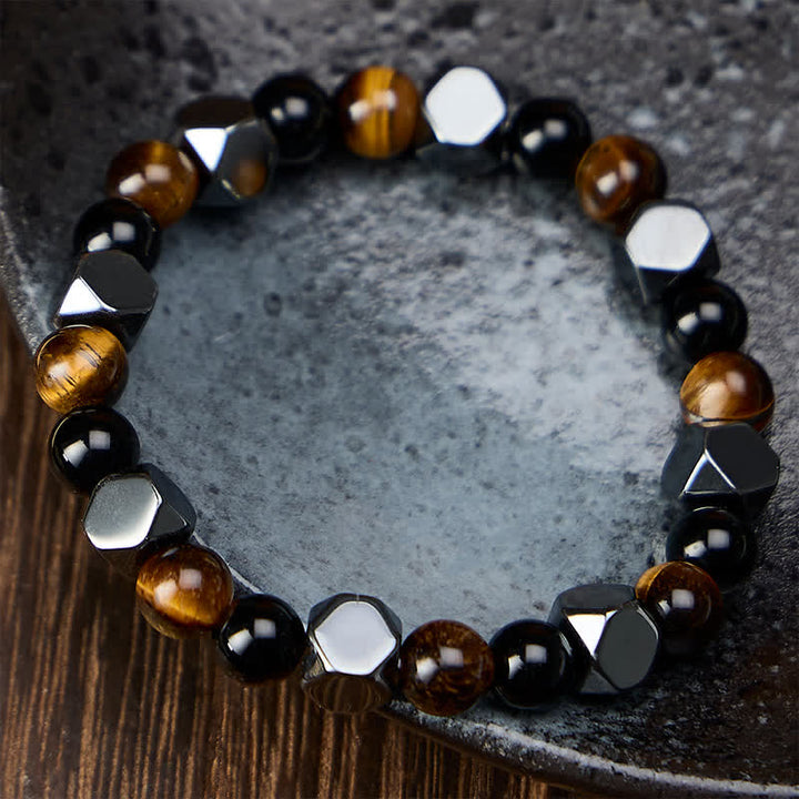 Buddha Stones Facettiertes Schutzarmband aus schwarzem Obsidian, Tigerauge und Hämatit - image 1