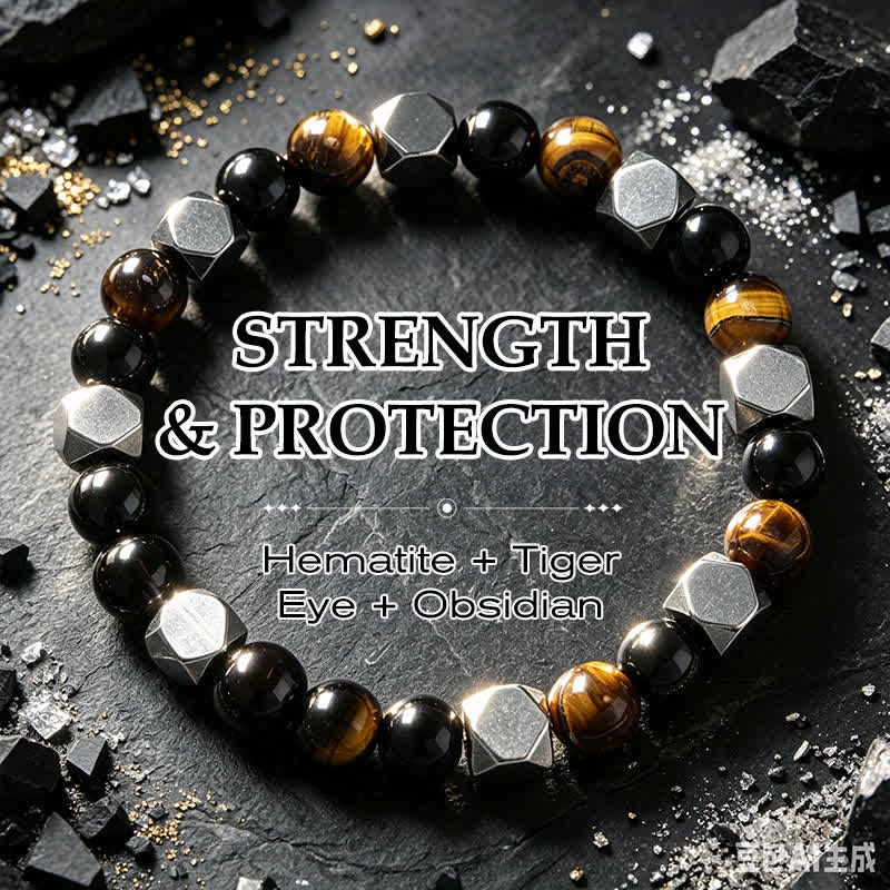 Buddha Stones Facettiertes Schutzarmband aus schwarzem Obsidian, Tigerauge und Hämatit - Hämatit, schwarzer Obsidian, Tigerauge (Handgelenkumfang: 15-16 cm) - image 0