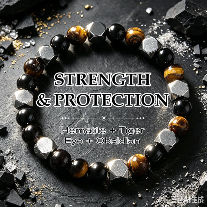 Buddha Stones Facettiertes Schutzarmband aus schwarzem Obsidian, Tigerauge und Hämatit - Hämatit, schwarzer Obsidian, Tigerauge (Handgelenkumfang: 15-16 cm) - image 0
