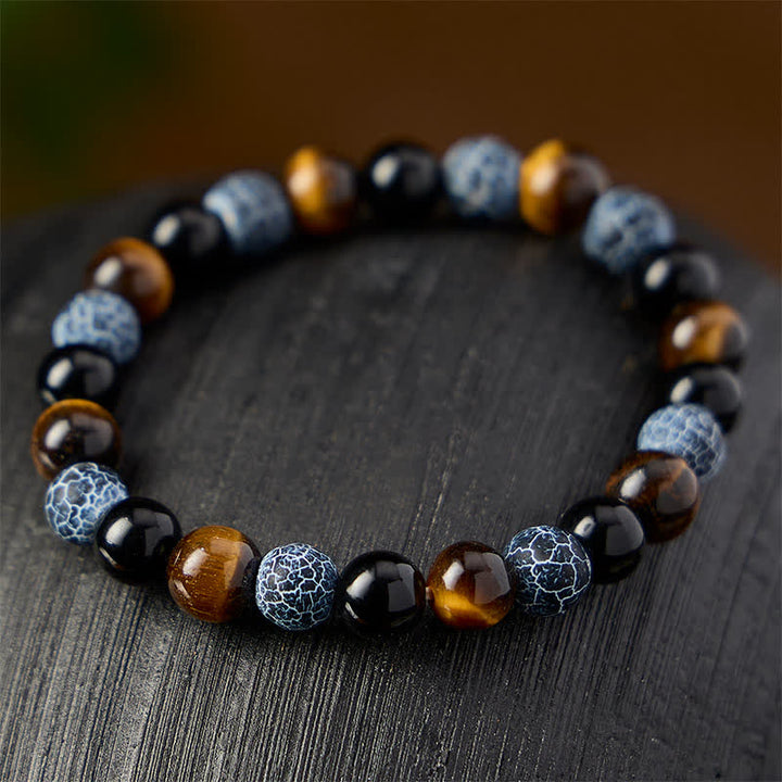 Buddha Stones Schwarzes Obsidian-Tigeraugen-Crackle-Achat-Reinigungsperlenarmband - image 2