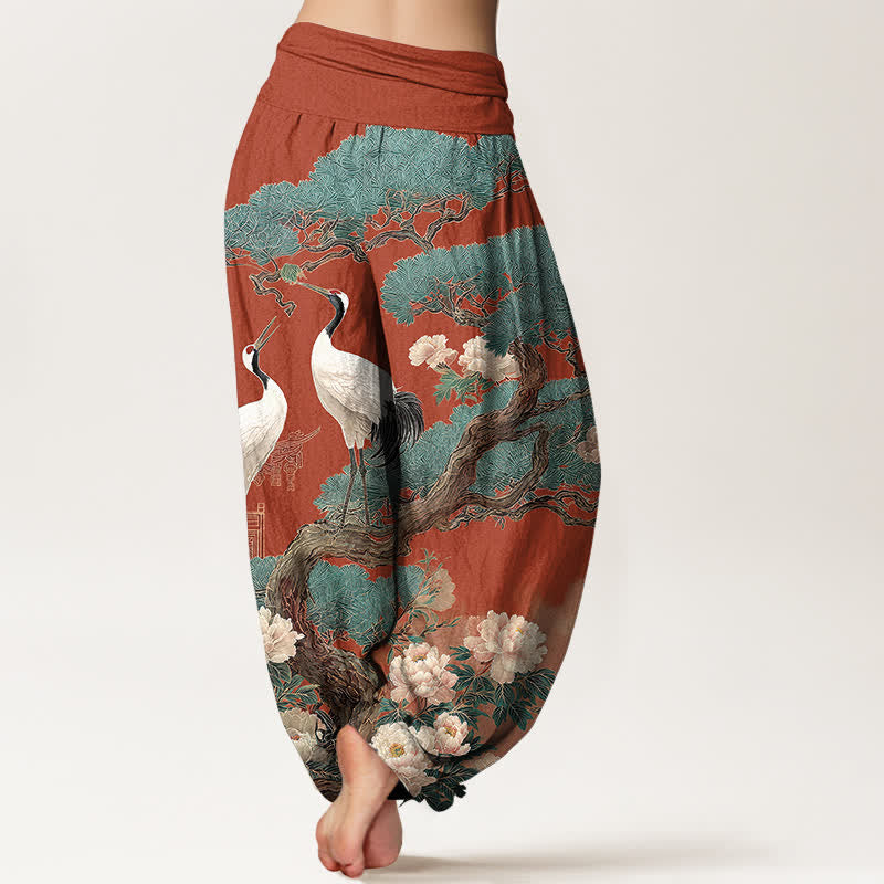 Buddha Stones Baumwoll-Haremshose mit Kranichblütenmuster und elastischem Bund für Damen - image 10