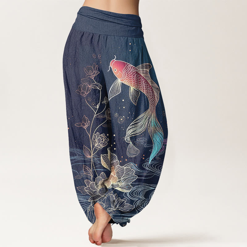 Buddha Stones Damen-Haremshose aus reiner Baumwolle mit Lotus-Koi-Fischmuster und elastischem Bund. - image 1