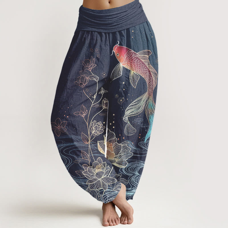 Buddha Stones Damen-Haremshose aus reiner Baumwolle mit Lotus-Koi-Fischmuster und elastischem Bund. - Schieferblau - US16, UK/AU20, EU48 (3XL) - image 0