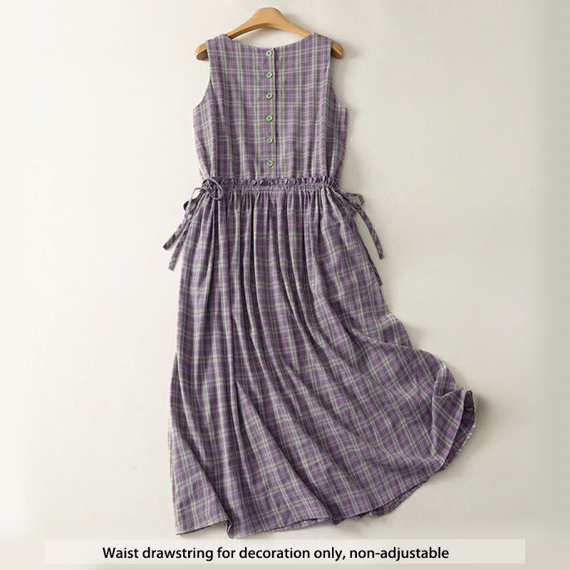 Buddha Stones Sommerliches Vintage-Kleid für Damen aus kariertem Baumwollstoff mit Kordelzug in der Taille, Knopfleiste und Taschen - image 1