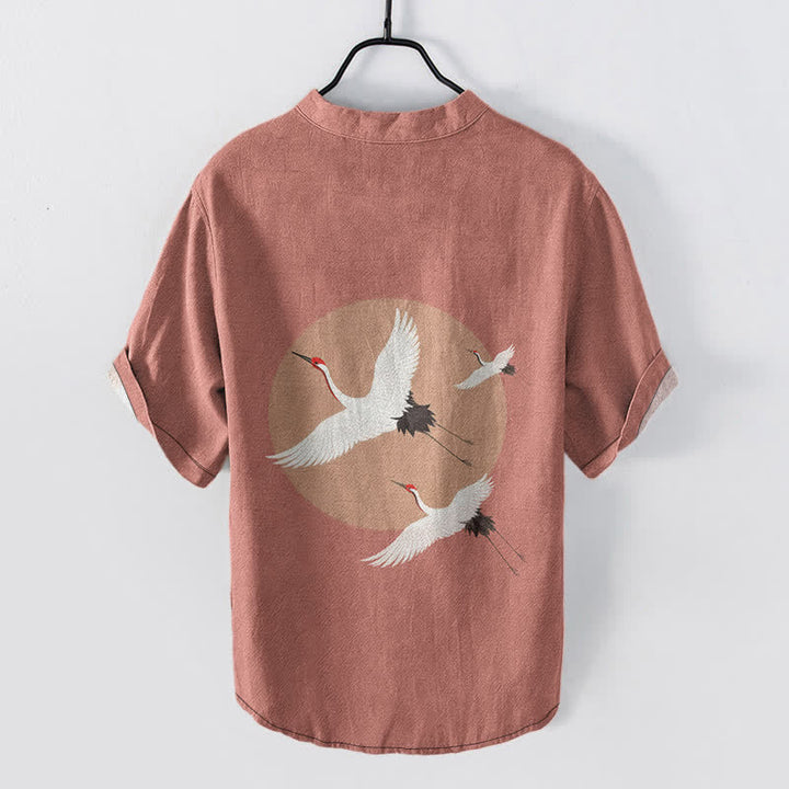 Buddha Stones Baumwollhemd für Herren mit rotem Kronenkranichmuster, kurzen Ärmeln und halber Knopfleiste - image 1