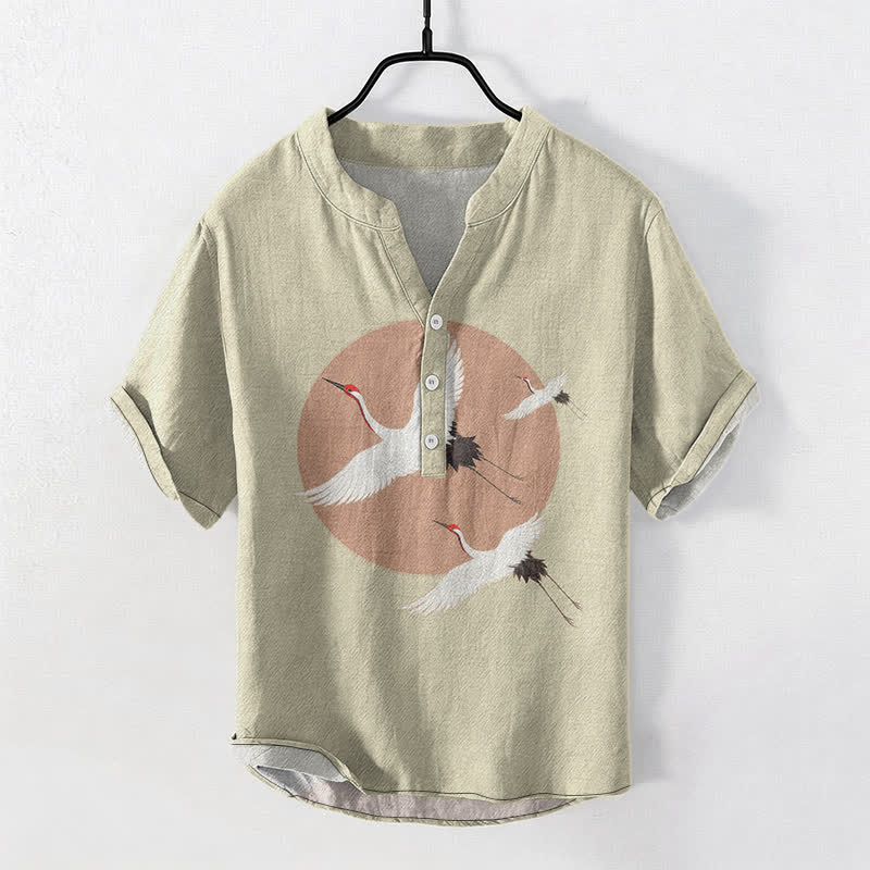 Buddha Stones Baumwollhemd für Herren mit rotem Kronenkranichmuster, kurzen Ärmeln und halber Knopfleiste - Beige - US/UK/AU50, EU60 (5XL) - image 7