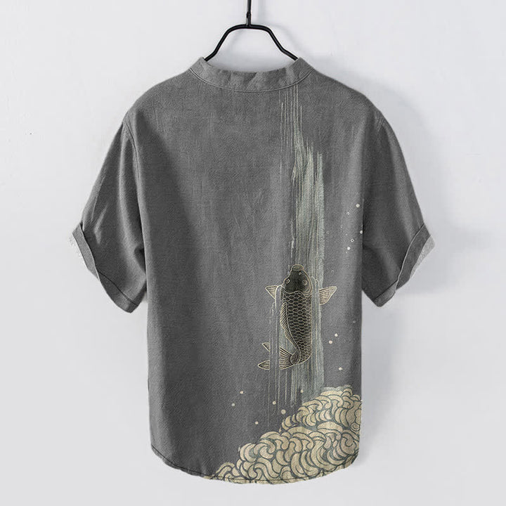 Buddha Stones Kurzarmhemd aus Baumwolle mit Koi-Fisch-Wasserwellenmuster, halber Knopfleiste, Herren - image 6
