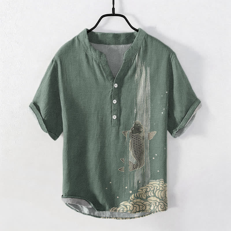 Buddha Stones Kurzarmhemd aus Baumwolle mit Koi-Fisch-Wasserwellenmuster, halber Knopfleiste, Herren - Dunkelmeergrün - US/UK/AU50, EU60 (5XL) - image 0