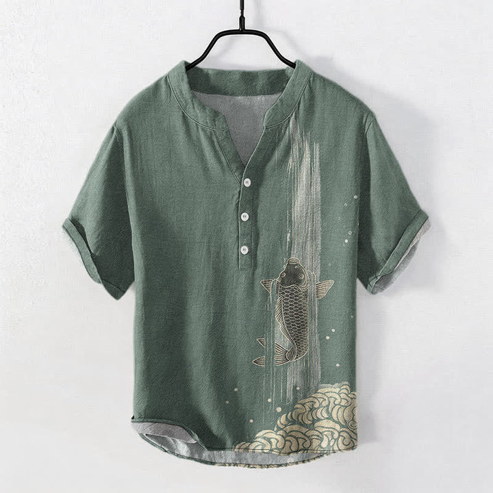 Buddha Stones Kurzarmhemd aus Baumwolle mit Koi-Fisch-Wasserwellenmuster, halber Knopfleiste, Herren - Dunkelmeergrün - US/UK/AU50, EU60 (5XL) - image 0
