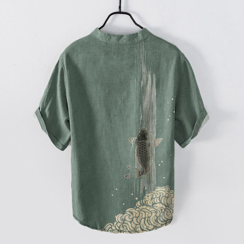 Buddha Stones Kurzarmhemd aus Baumwolle mit Koi-Fisch-Wasserwellenmuster, halber Knopfleiste, Herren - image 1