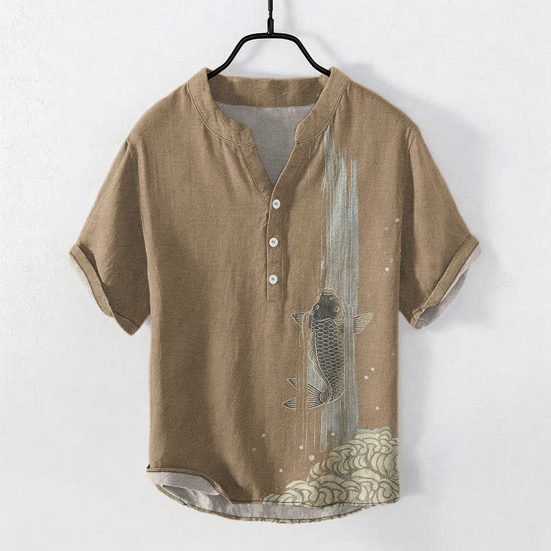 Buddha Stones Kurzarmhemd aus Baumwolle mit Koi-Fisch-Wasserwellenmuster, halber Knopfleiste, Herren - Bräunen - US/UK/AU50, EU60 (5XL) - image 10