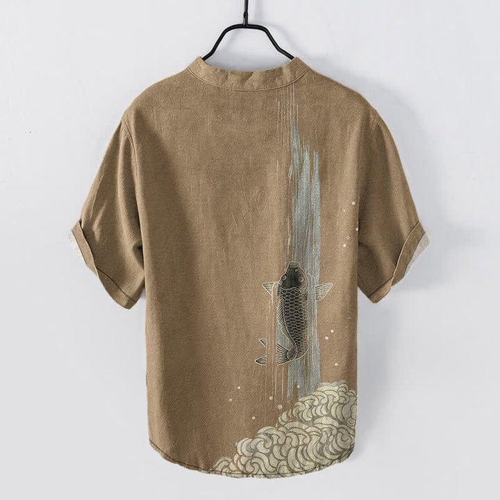 Buddha Stones Kurzarmhemd aus Baumwolle mit Koi-Fisch-Wasserwellenmuster, halber Knopfleiste, Herren - image 11