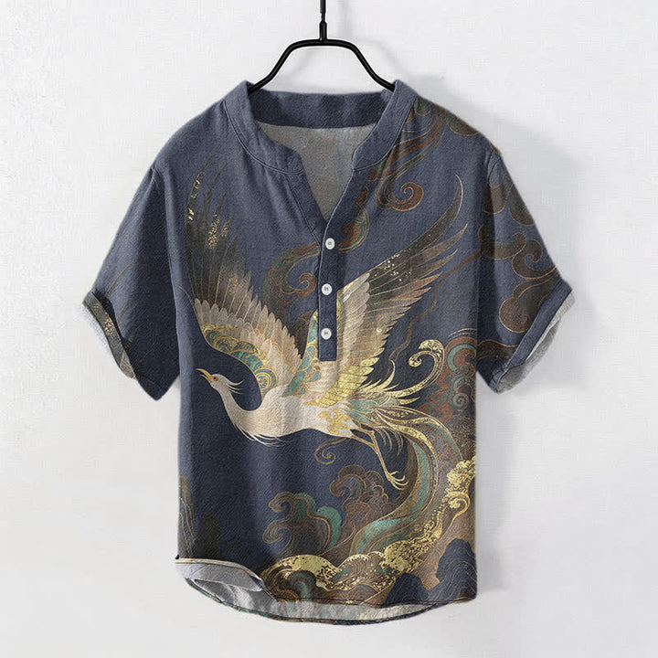 Buddha Stones Kurzarm-Herrenhemd aus Baumwolle mit goldenem Kranich-Wellenmuster und halber Knopfleiste - Marine - US/UK/AU50, EU60 (5XL) - image 0