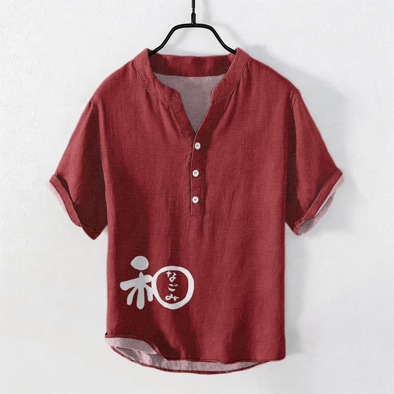 Buddha Stones Herren-Kurzarmhemd aus Baumwolle mit halber Knopfleiste und Wappenmuster. - Kastanienbraun - US/UK/AU50, EU60 (5XL) - image 0