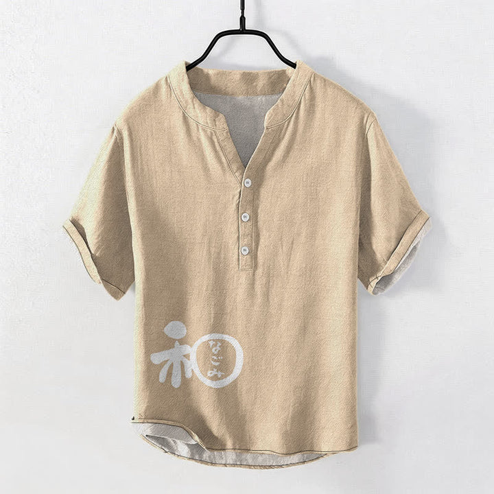 Buddha Stones Herren-Kurzarmhemd aus Baumwolle mit halber Knopfleiste und Wappenmuster. - Beige - US/UK/AU50, EU60 (5XL) - image 5