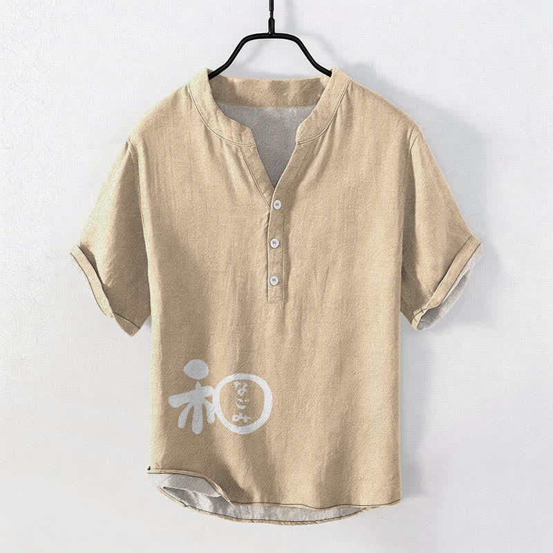 Buddha Stones Herren-Kurzarmhemd aus Baumwolle mit halber Knopfleiste und Wappenmuster. - Beige - US/UK/AU50, EU60 (5XL) - image 5