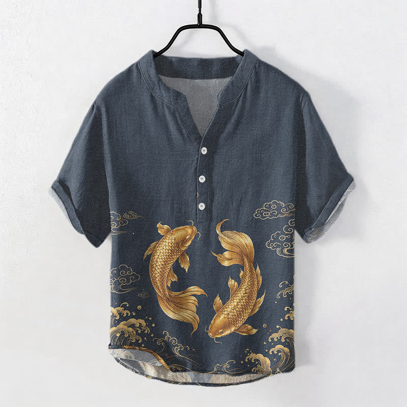 Buddha Stones Kurzarmhemd aus Baumwolle mit goldenem Koi-Fischmuster, halb geknöpft, Herren, Kurzarm, Herrenhemd mit halber Knopfleiste - Mitternachtsblau - US/UK/AU50, EU60 (5XL) - image 0