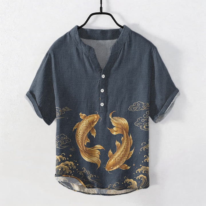 Buddha Stones Kurzarmhemd aus Baumwolle mit goldenem Koi-Fischmuster, halb geknöpft, Herren, Kurzarm, Herrenhemd mit halber Knopfleiste - Mitternachtsblau - US/UK/AU50, EU60 (5XL) - image 0