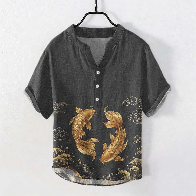Buddha Stones Kurzarmhemd aus Baumwolle mit goldenem Koi-Fischmuster, halb geknöpft, Herren, Kurzarm, Herrenhemd mit halber Knopfleiste - Schwarz - US/UK/AU50, EU60 (5XL) - image 5