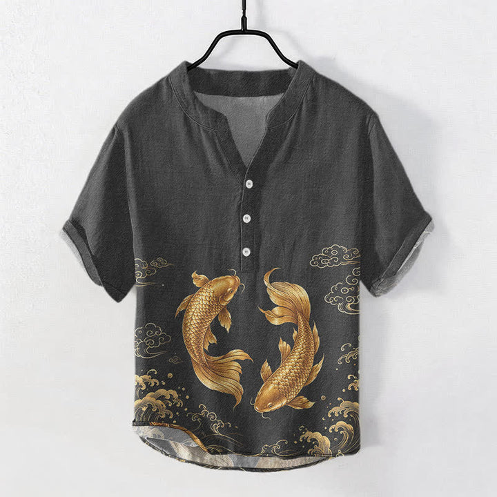 Buddha Stones Kurzarmhemd aus Baumwolle mit goldenem Koi-Fischmuster, halb geknöpft, Herren, Kurzarm, Herrenhemd mit halber Knopfleiste - Schwarz - US/UK/AU50, EU60 (5XL) - image 5