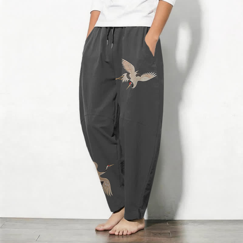 Buddha Stones Herrenhose aus reiner Baumwolle mit Doppelkranichmuster, Kordelzug, schmal zulaufendem Bein und Taschen - image 1