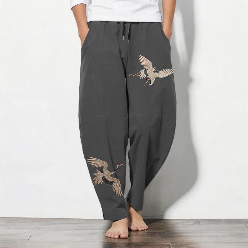 Buddha Stones Herrenhose aus reiner Baumwolle mit Doppelkranichmuster, Kordelzug, schmal zulaufendem Bein und Taschen - DimGray - US/UK/AU50, EU60 (5XL) - image 0