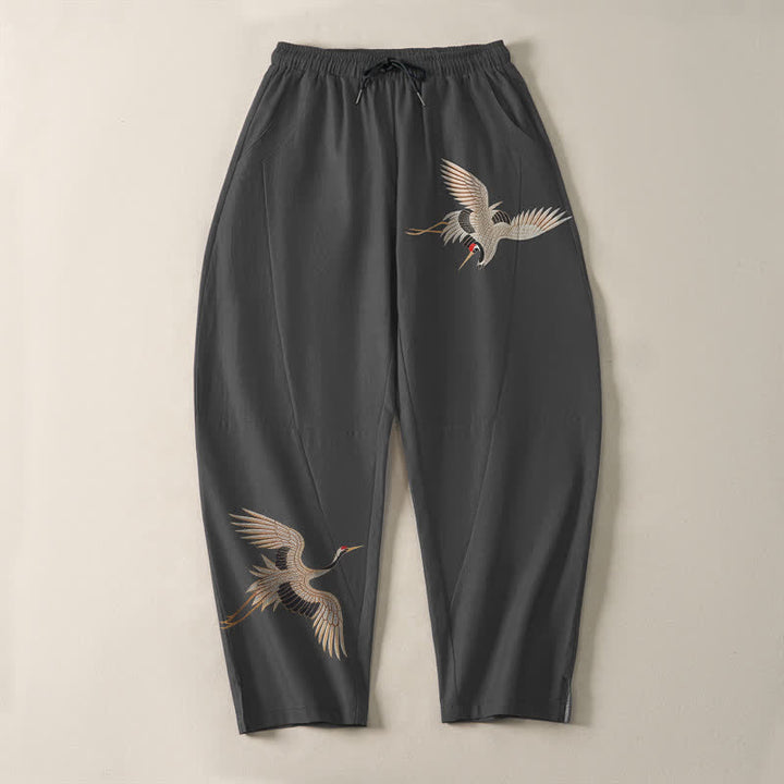 Buddha Stones Herrenhose aus reiner Baumwolle mit Doppelkranichmuster, Kordelzug, schmal zulaufendem Bein und Taschen - image 2
