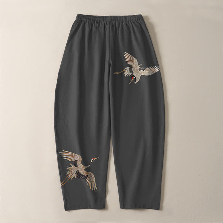 Buddha Stones Herrenhose aus reiner Baumwolle mit Doppelkranichmuster, Kordelzug, schmal zulaufendem Bein und Taschen - image 3