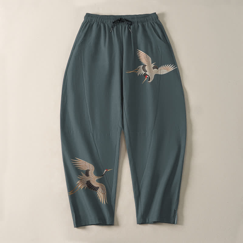 Buddha Stones Herrenhose aus reiner Baumwolle mit Doppelkranichmuster, Kordelzug, schmal zulaufendem Bein und Taschen - image 9