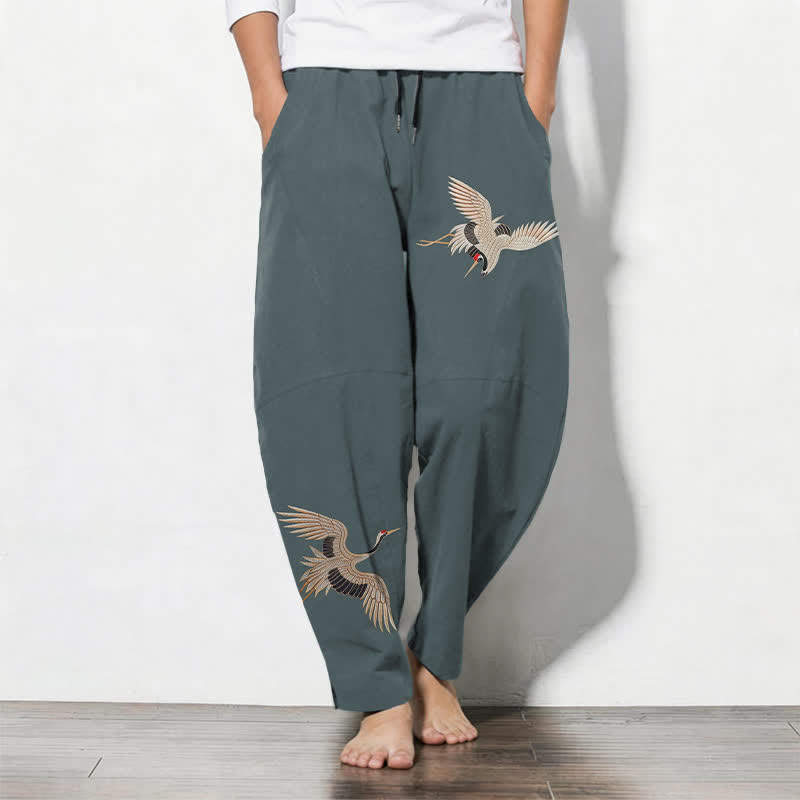 Buddha Stones Herrenhose aus reiner Baumwolle mit Doppelkranichmuster, Kordelzug, schmal zulaufendem Bein und Taschen - Kadettenblau - US/UK/AU50, EU60 (5XL) - image 7