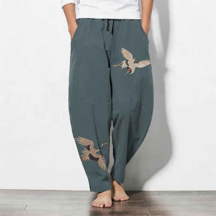 Buddha Stones Herrenhose aus reiner Baumwolle mit Doppelkranichmuster, Kordelzug, schmal zulaufendem Bein und Taschen - Kadettenblau - US/UK/AU50, EU60 (5XL) - image 7