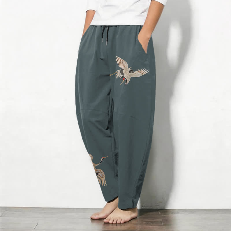 Buddha Stones Herrenhose aus reiner Baumwolle mit Doppelkranichmuster, Kordelzug, schmal zulaufendem Bein und Taschen - image 8