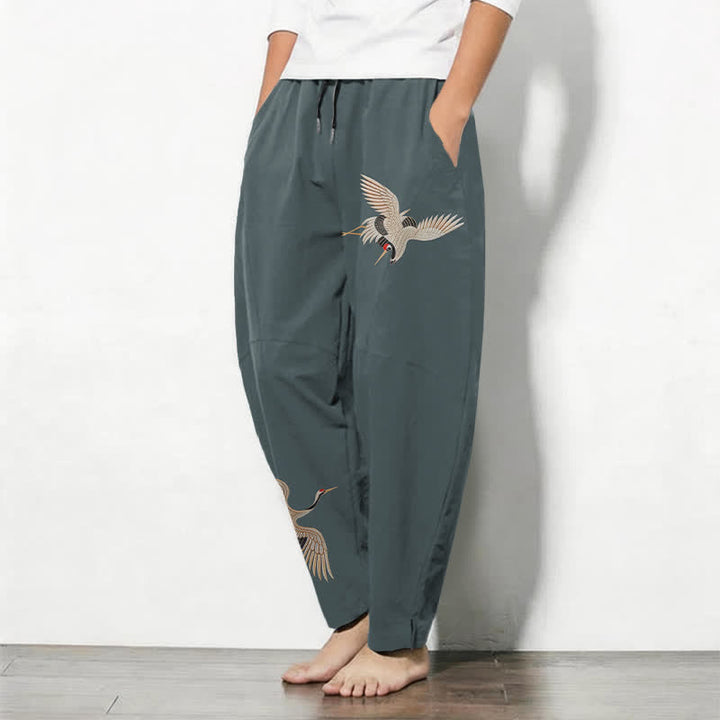 Buddha Stones Herrenhose aus reiner Baumwolle mit Doppelkranichmuster, Kordelzug, schmal zulaufendem Bein und Taschen - image 8
