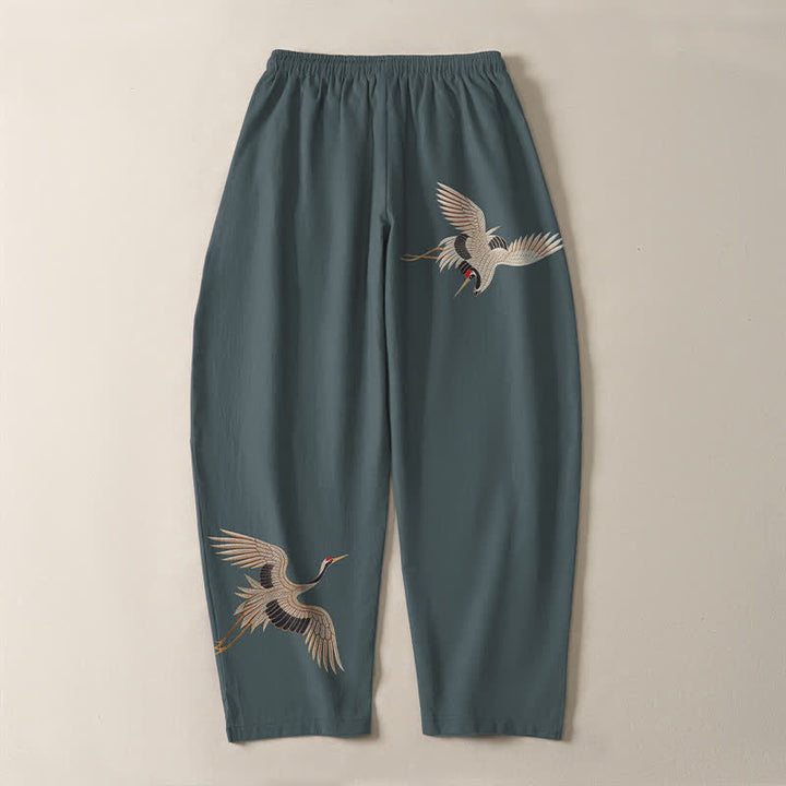 Buddha Stones Herrenhose aus reiner Baumwolle mit Doppelkranichmuster, Kordelzug, schmal zulaufendem Bein und Taschen - image 10