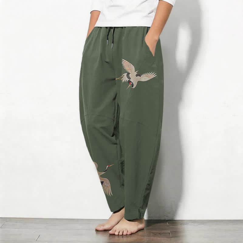Buddha Stones Herrenhose aus reiner Baumwolle mit Doppelkranichmuster, Kordelzug, schmal zulaufendem Bein und Taschen - image 12