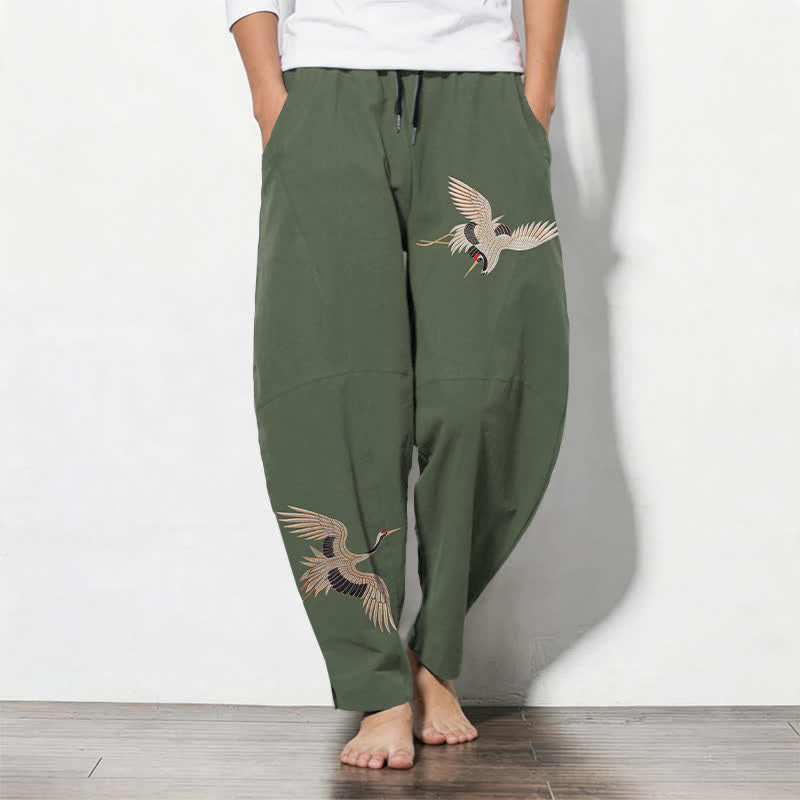 Buddha Stones Herrenhose aus reiner Baumwolle mit Doppelkranichmuster, Kordelzug, schmal zulaufendem Bein und Taschen - Dunkelolivgrün - US/UK/AU50, EU60 (5XL) - image 11