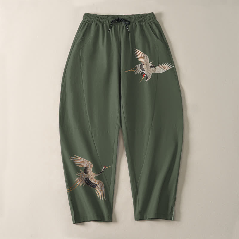 Buddha Stones Herrenhose aus reiner Baumwolle mit Doppelkranichmuster, Kordelzug, schmal zulaufendem Bein und Taschen - image 13