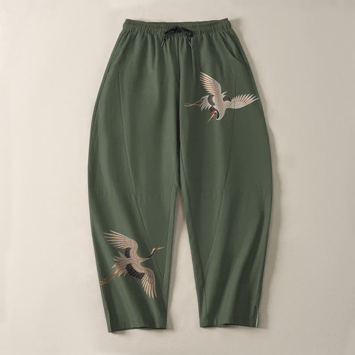 Buddha Stones Herrenhose aus reiner Baumwolle mit Doppelkranichmuster, Kordelzug, schmal zulaufendem Bein und Taschen - image 13