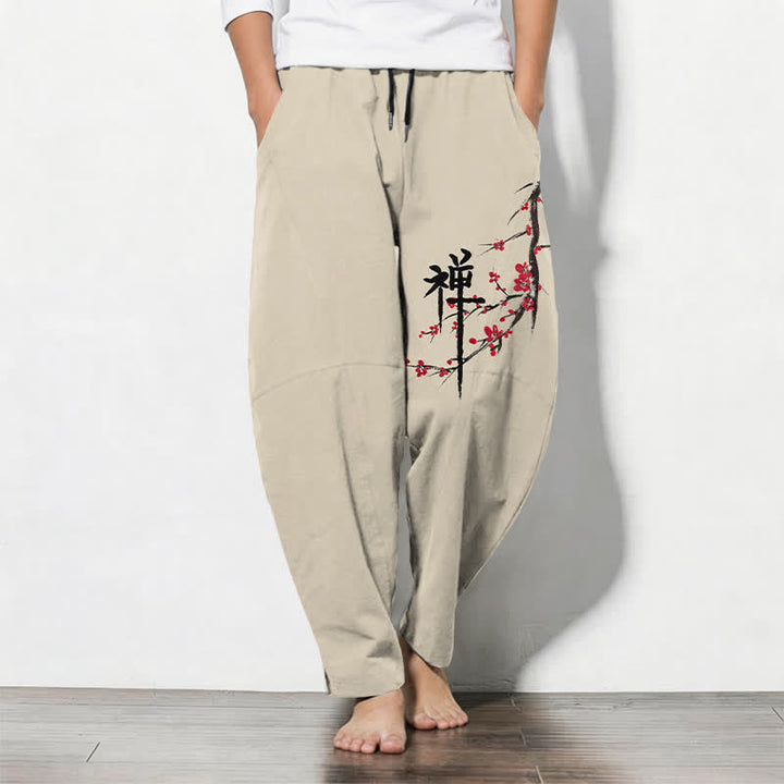 Buddha Stones Herrenhose aus reiner Baumwolle mit Zen-Pflaumenblütenmuster, Kordelzug und Taschen - Beige - US/UK/AU50, EU60 (5XL) - image 0