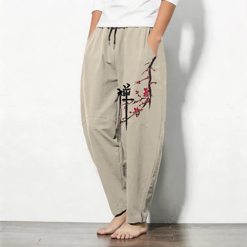 Buddha Stones Herrenhose aus reiner Baumwolle mit Zen-Pflaumenblütenmuster, Kordelzug und Taschen - image 1