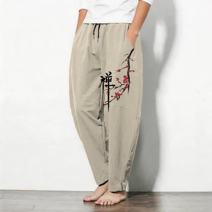 Buddha Stones Herrenhose aus reiner Baumwolle mit Zen-Pflaumenblütenmuster, Kordelzug und Taschen - image 1